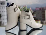 Women's Leather Heeled Ankle Boots with Buckle Strap - Cream - Available at AfnoBazar Nepal