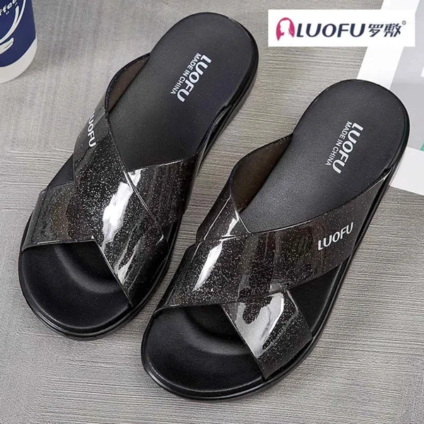 Women's Glitter Cross Strap Platform Slides - Black - Available at AfnoBazar Nepal