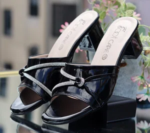 Women's Black Glossy Knot Heel Slip-On Sandals - Available at AfnoBazar Nepal