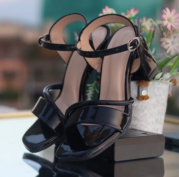 Women's Black Glossy Ankle Strap Block Heels - Available at AfnoBazar Nepal