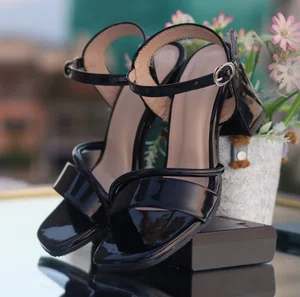 Women's Black Glossy Ankle Strap Block Heels - Available at AfnoBazar Nepal