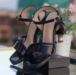 Women's Black Glossy Ankle Strap Block Heels - Available at AfnoBazar Nepal