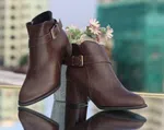 Women's Leather Heeled Ankle Boots with Buckle Strap - Brown - Available at AfnoBazar Nepal