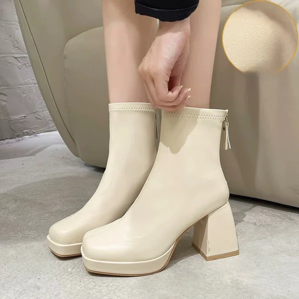 Women's Cream Leather Square Toe Block Heel Ankle Boots - Available at AfnoBazar Nepal