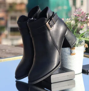 Women's Leather Heeled Ankle Boots with Buckle Strap - Black - Available at AfnoBazar Nepal