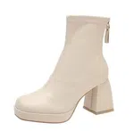 Women's Cream Leather Square Toe Block Heel Ankle Boots - Available at AfnoBazar Nepal