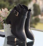 Women's Leather Heeled Ankle Boots with Buckle Strap - Black - Available at AfnoBazar Nepal