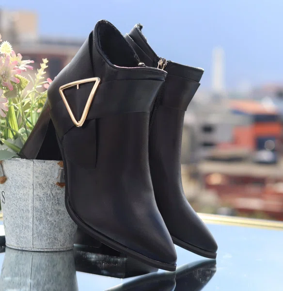 Women's Leather Heeled Ankle Boots with Triangle Buckle - Black - Available at AfnoBazar Nepal