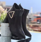 Women's Leather Heeled Ankle Boots with Triangle Buckle - Black - Available at AfnoBazar Nepal