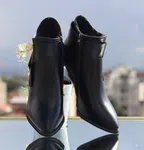 Women's Leather Heeled Ankle Boots with Triangle Buckle - Black - Available at AfnoBazar Nepal