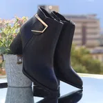 Women's Leather Heeled Ankle Boots with Gold V Detail - Black - Available at AfnoBazar Nepal