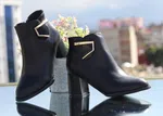 Women's Leather Heeled Ankle Boots with Gold V Detail - Black - Available at AfnoBazar Nepal