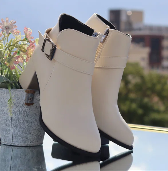 Women's Leather Heeled Ankle Boots with Buckle Strap - Cream - Available at AfnoBazar Nepal