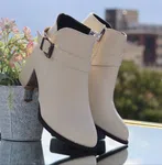 Women's Leather Heeled Ankle Boots with Buckle Strap - Cream - Available at AfnoBazar Nepal
