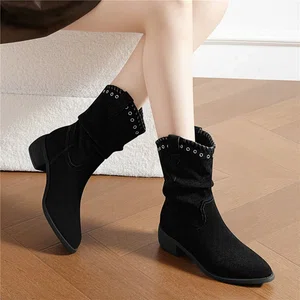 Women's Slouchy Suede Ankle Boots with Studs - Black - Available at AfnoBazar Nepal