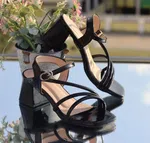 Women's Black Glossy Strappy Block Heels - Available at AfnoBazar Nepal