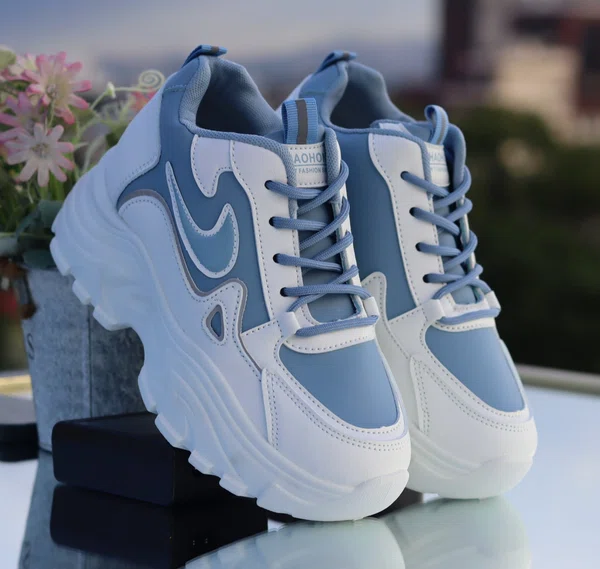 Women's Korean Style Chunky Heel Sneakers - White and Blue - Available at AfnoBazar Nepal