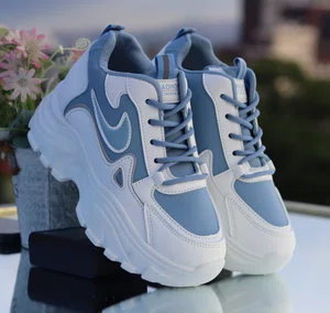 Women's Korean Style Chunky Heel Sneakers - White and Blue - Available at AfnoBazar Nepal