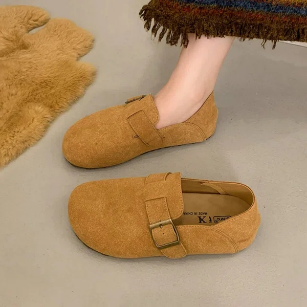 Women's Camel Brown Suede Buckle Loafers - Available at AfnoBazar Nepal