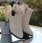 Women's Leather Heeled Ankle Boots with Round Metal Detail - Cream - Available at AfnoBazar Nepal