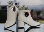 Women's Leather Heeled Ankle Boots with Round Metal Detail - Cream - Available at AfnoBazar Nepal
