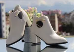 Women's Leather Heeled Ankle Boots with Round Metal Detail - Cream - Available at AfnoBazar Nepal