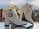 Women's Leather Heeled Ankle Boots with Buckle Strap - Cream - Available at AfnoBazar Nepal