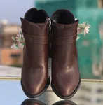 Women's Leather Heeled Ankle Boots with Buckle Strap - Brown - Available at AfnoBazar Nepal