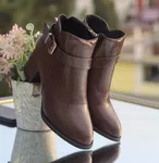 Women's Leather Heeled Ankle Boots with Buckle Strap - Brown - Available at AfnoBazar Nepal