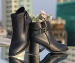 Women's Leather Heeled Ankle Boots with Buckle Strap - Black - Available at AfnoBazar Nepal