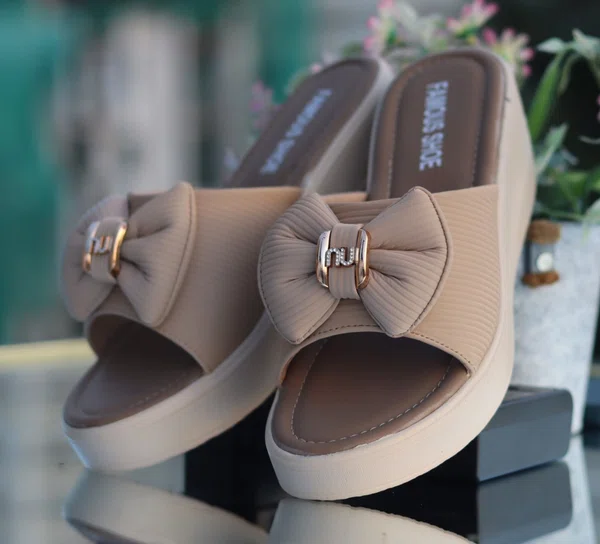 Women's Beige Bow Slip-On Wedge Sandals - Available at AfnoBazar Nepal