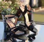 Women's Black Glossy Ankle Strap Block Heels - Available at AfnoBazar Nepal