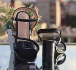 Women's Black Glossy Ankle Strap Block Heels - Available at AfnoBazar Nepal