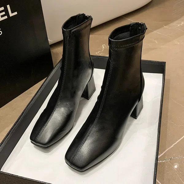 Women's Square Toe Block Heel Sock Boots - Black - Available at AfnoBazar Nepal