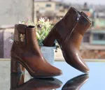 Women's Leather Heeled Ankle Boots with Metal Plate - Brown - Available at AfnoBazar Nepal