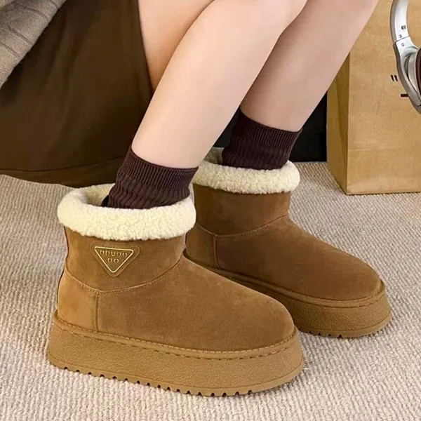 Women's Fur-Collar Suede Platform Winter Boots with Badge - Camel - Available at AfnoBazar Nepal