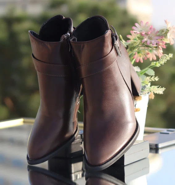 Women's Leather Heeled Ankle Boots with Buckle Strap - Brown - Available at AfnoBazar Nepal