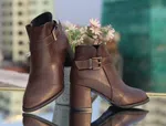 Women's Leather Heeled Ankle Boots with Buckle Strap - Brown - Available at AfnoBazar Nepal