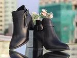 Women's Leather Heeled Ankle Boots with Buckle Strap - Black - Available at AfnoBazar Nepal