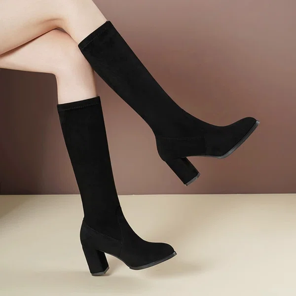 Women's Black Mid-Calf Block Heel Boots - Available at AfnoBazar Nepal