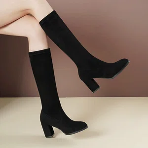 Women's Black Mid-Calf Block Heel Boots - Available at AfnoBazar Nepal