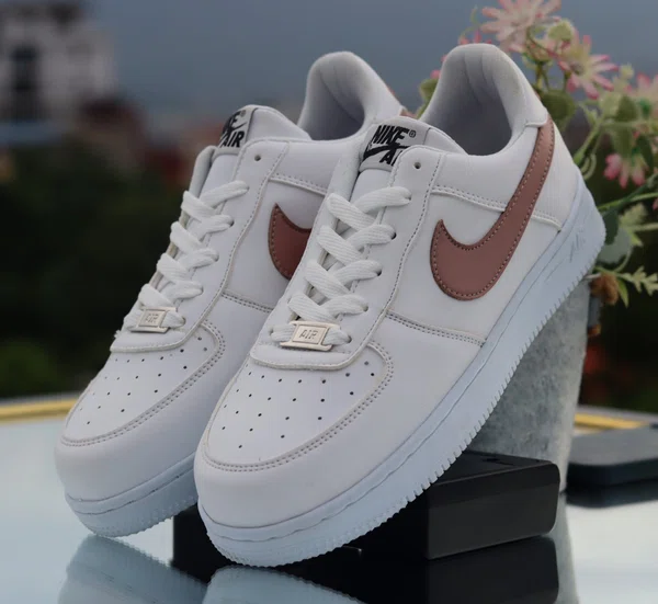Women's Low-Top Leather Sneakers with Rose Gold Accent - White - Available at AfnoBazar Nepal