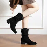 Women's Slouchy Suede Ankle Boots with Studs - Black - Available at AfnoBazar Nepal