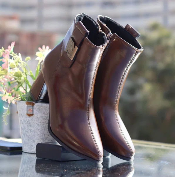 Women's Leather Heeled Ankle Boots with Metal Plate - Brown - Available at AfnoBazar Nepal
