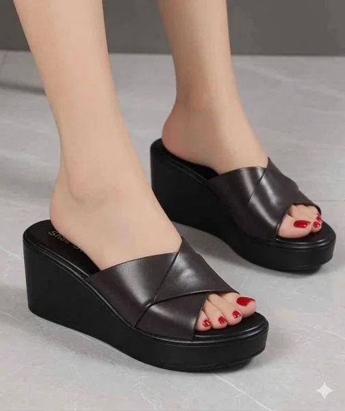 Women's Genuine Leather Platform Wedge Sandals - Black and Coffee - Available at AfnoBazar Nepal
