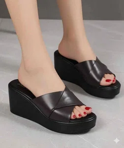Women's Genuine Leather Platform Wedge Sandals - Black and Coffee - Available at AfnoBazar Nepal