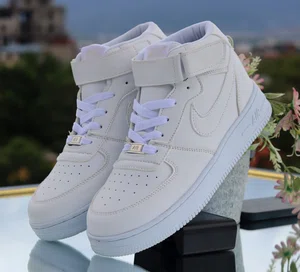 Women's Mid-Top Sneakers with Ankle Strap - All White - Available at AfnoBazar Nepal