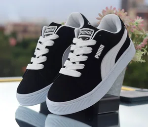 Women's Suede Low-Top Sneakers with Side Stripe - Black and White - Available at AfnoBazar Nepal