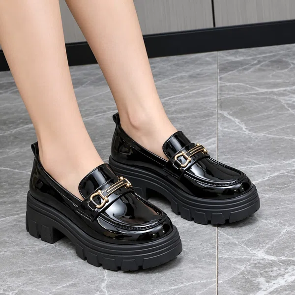 Women's Patent Chunky Loafers with Gold Buckle - Black - Available at AfnoBazar Nepal