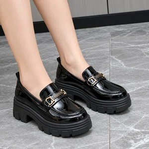 Women's Patent Chunky Loafers with Gold Buckle - Black - Available at AfnoBazar Nepal